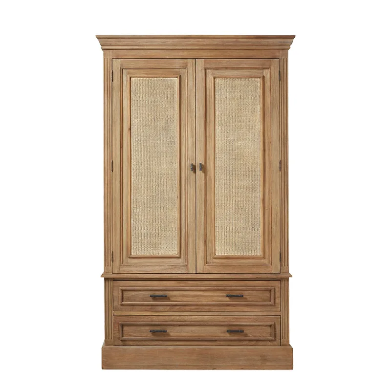 

French solid wood vintage double door cabinet bedroom storage cabinet rattan oak solid wood wardrobe storage cabinet