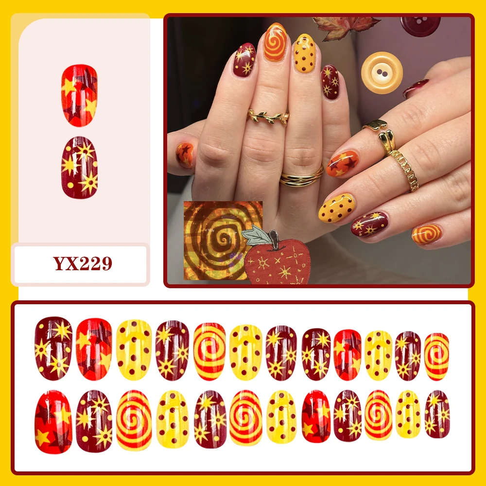 Fall Press on Nails Short Round Fake Nails Burgundy Yellow Star Swirl Polka Dot Design Reusable False Nail for Thanksgiving