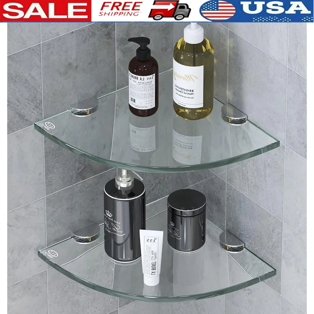 

Bathroom Corner Organizer Shelves Set of 2 Tempered Glass Shower Caddy Wall Mount No Drill Installation Storage Holder Shampoo