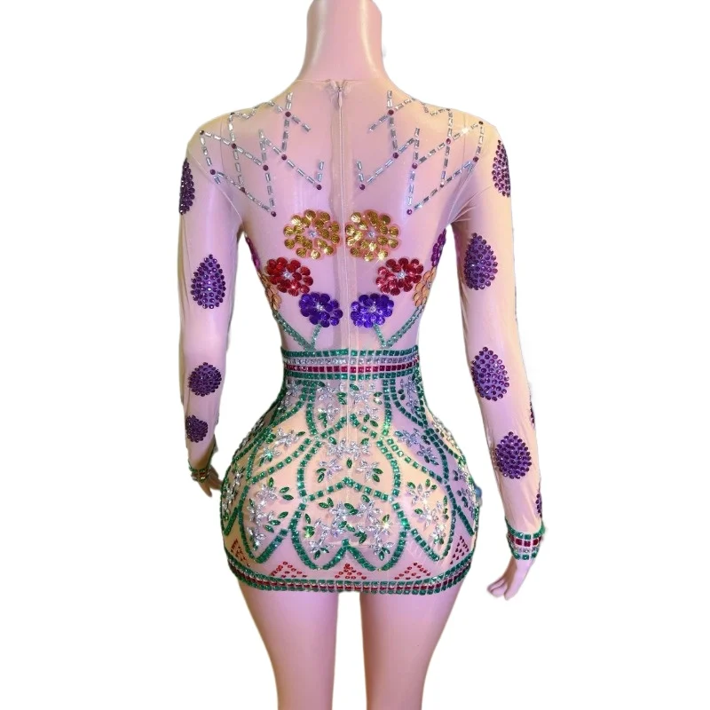 Sparkly Luxury Rhinestones Mesh See Through Cut Out Sexy Mini Dress Party Club Birthday Evening Celebrate Prom Gowns Stage Wear
