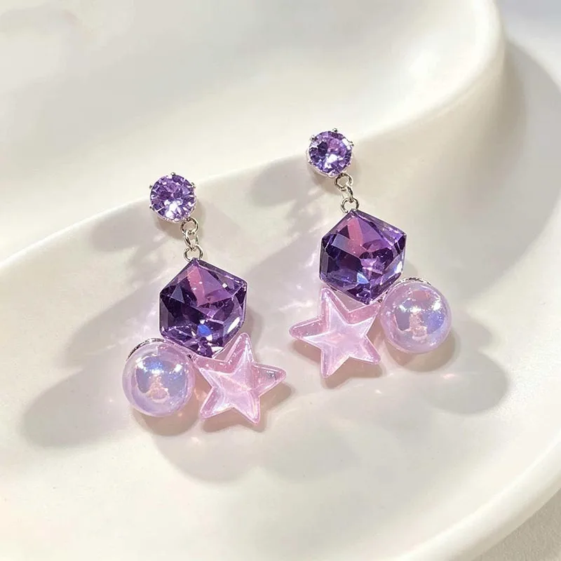 Kawaii Sparkly Cube Star Crystal Drop Earrings for Women Y2K Sweet Purple Blue Zircon Studs Jewelry Vacation Dating Accessories