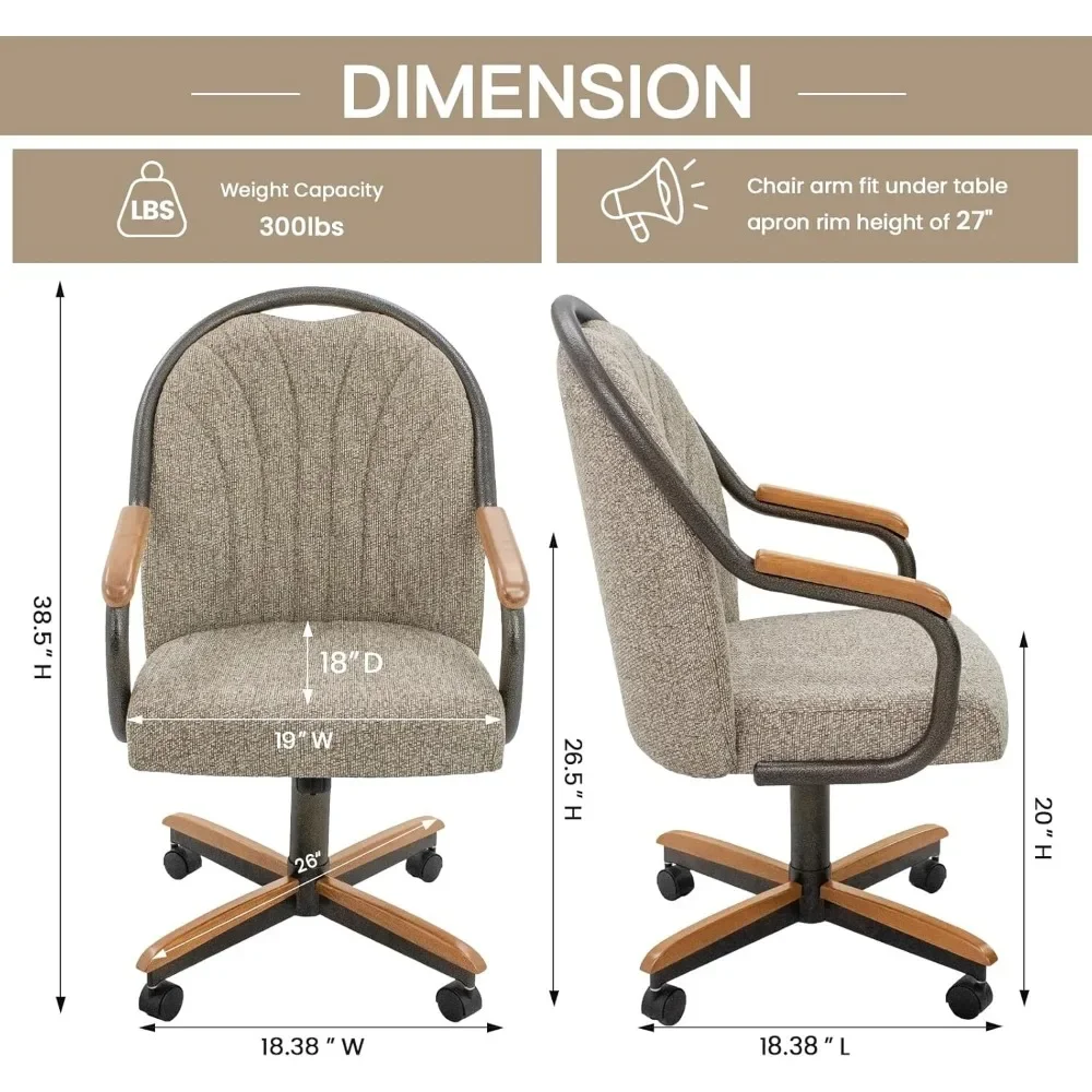 Повседневный обеденный стул. Классический обеденный стул с поворотным наклоном и роликами, деревянные подлокотники. Обеденный стул на металлическом основании с роликами.