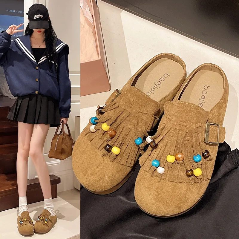 

2025 Women's Baotou Thick Bottom Slippers Autumn New Fashion Platform Sandals Luxury Tassel Design Beach Shoes Women's Slippers