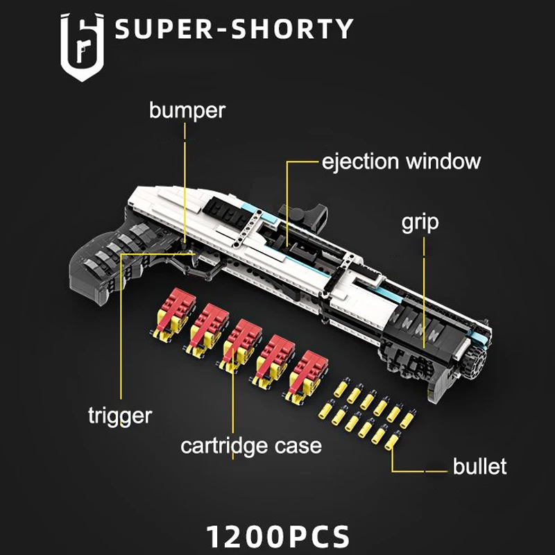 1200PCS Technical MOC Shell Eject Short Barrel Shotgun Building Blocks Assembly Brick Shooting Gun Model Toy Gift For Adult