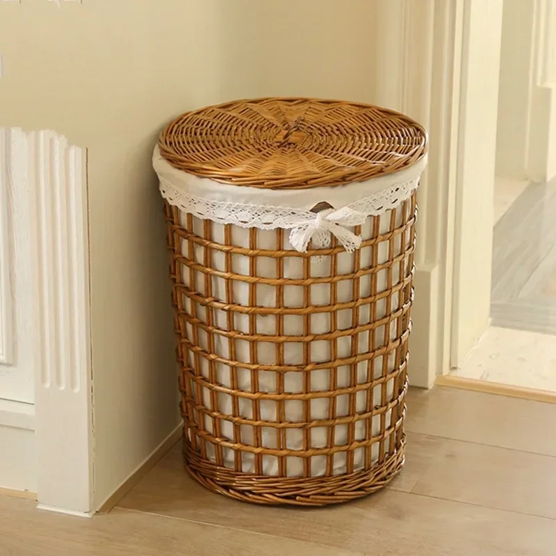 Bamboo Woven Hollow Out Dirty Clothes Basket Rural Wind Clothes Storage Basket Toilet with Cover Organizer