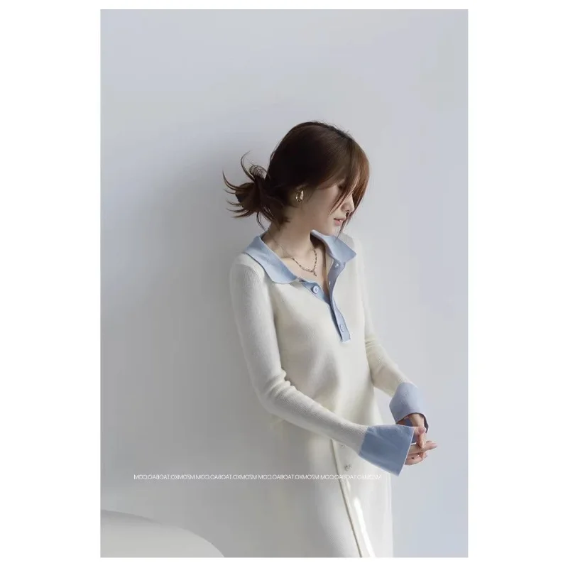 2025 الخريف والشتاء بولو طوق الداخلية سترة طويلة الأكمام المتناقضة اللون مزاجه سليم محبوك قاع قميص