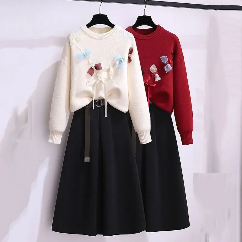 Women\'s Dresses Suits 2023 Spring Autumn Korean Elegant Fashion Round Neck Knitted Pollvers Sweater Half Skirt Two Piece Set