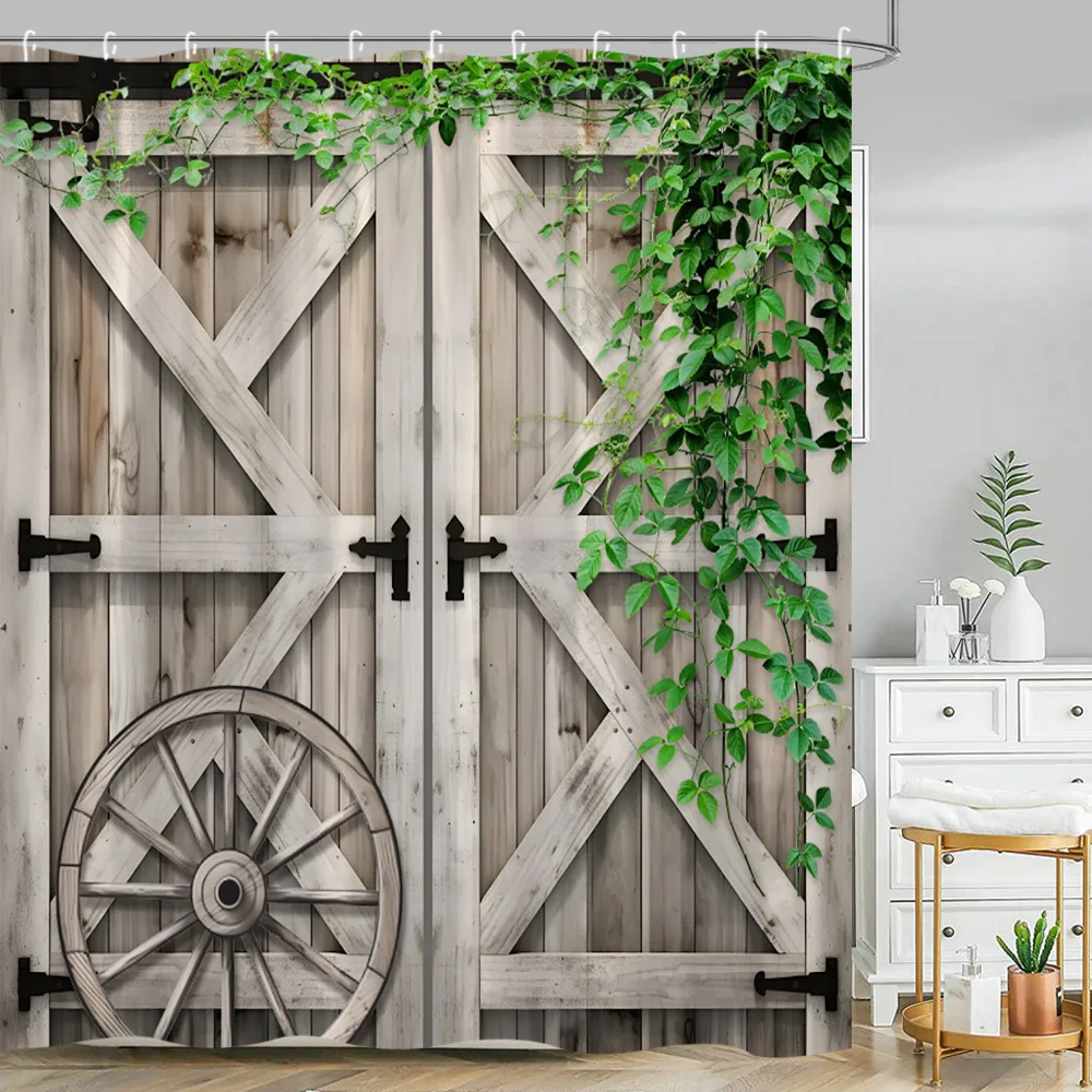 

Rustic Barn Door Shower Curtain Wooden Panel Botanical Flower Farm Butterfly Vine Wheel Polyester Fabric Bathroom Decor Curtain