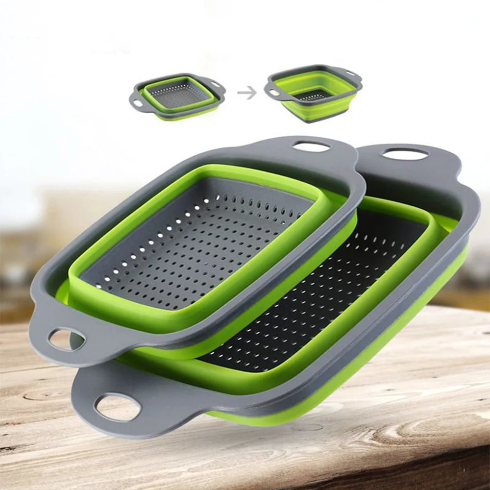 Foldable Vegetable Fruit Cleaning Basin Basket Silicone Collapsible Colander Folding Wash Drainer Plastic Kitchen Storage