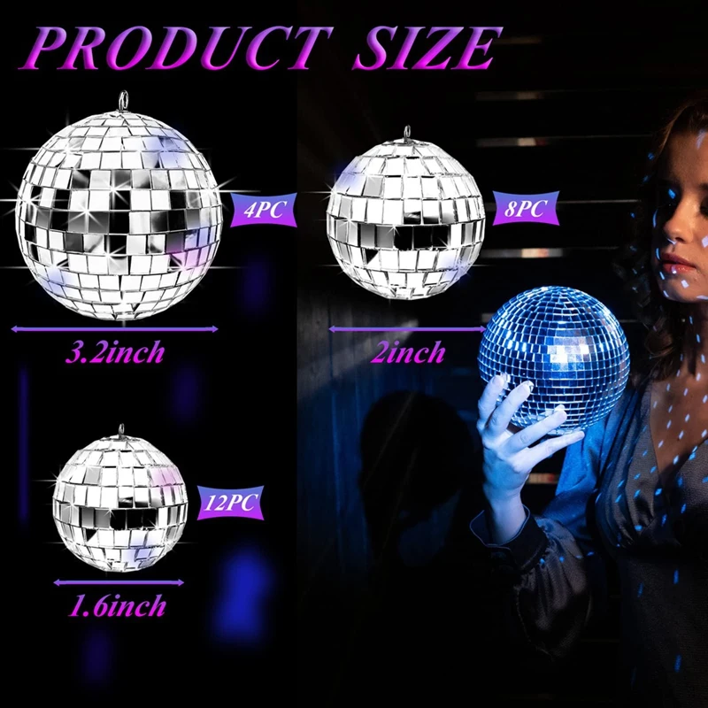 TKOH-24 Pcs Mirror Disco Ball Hanging, Glass Disco Ball Decor, Silver Disco Decorations, Disco Ball Ornament With Rope