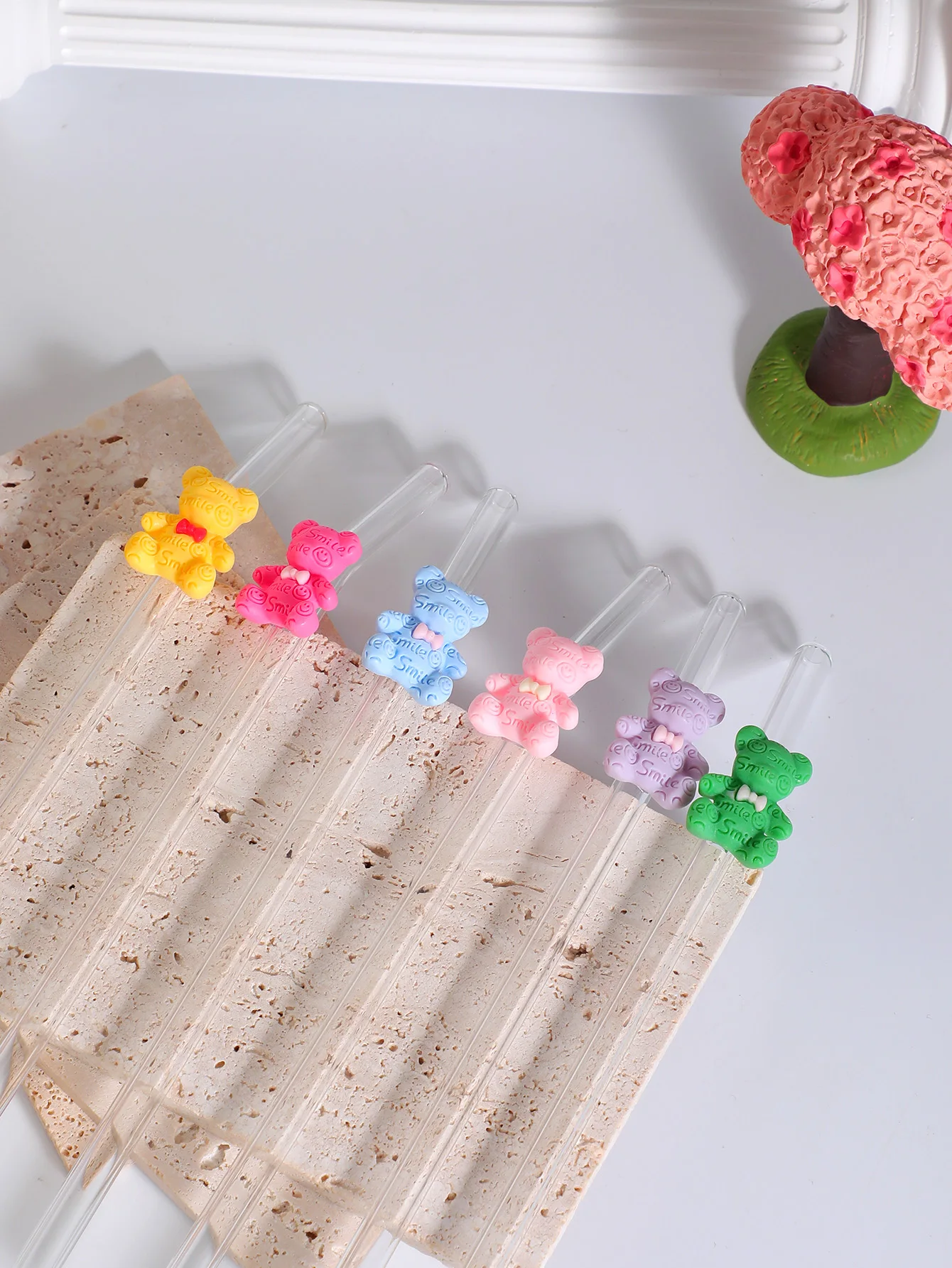 3/6 قطع من قش الزجاج الملون مع فيونكة، شفاطة منحنية قابلة لإعادة الاستخدام لشاي بوبا والمشروبات والكوكتيلات، هدية متجر الحلوى للنزهات والحفلات #1