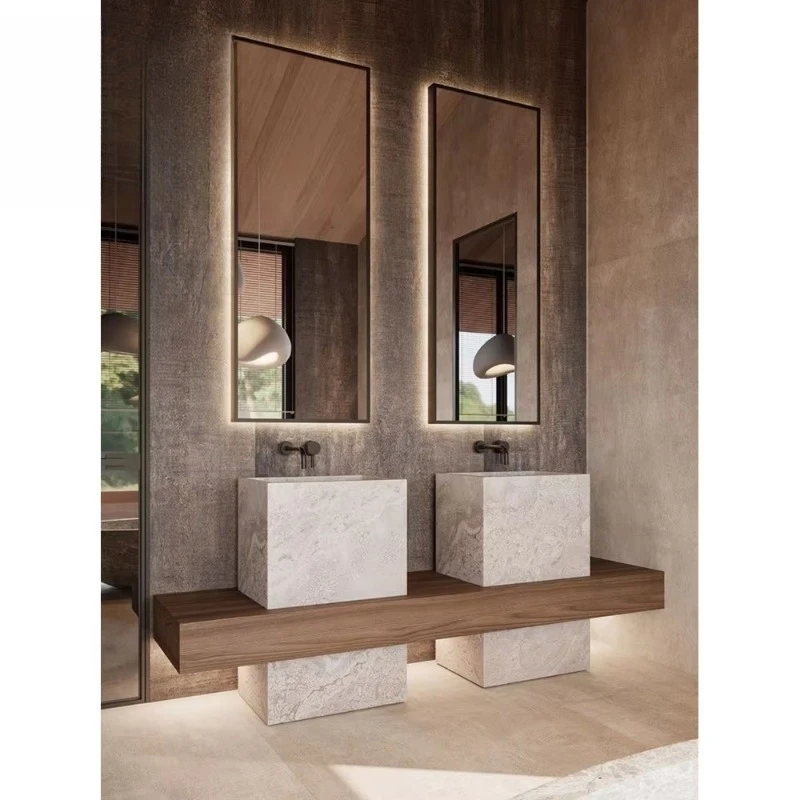 AMAZBUILD Luxury Design Sintered Stone Pedestal Sink Customized Bathroom Vanity LED Illuminated Mirror Eco-Friendly Villa