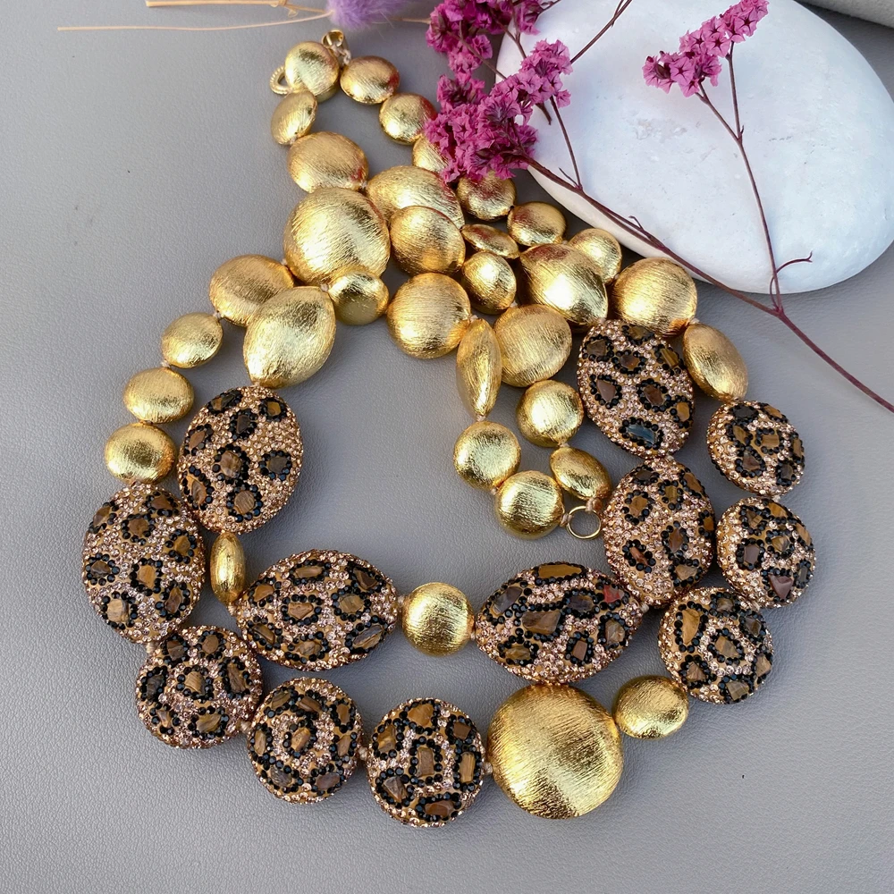 Y·YING 2 Rows Natural Tiger Eye Chips Crystal Pave Bead Copper Gold Plated Brushed Beads Statement Necklace