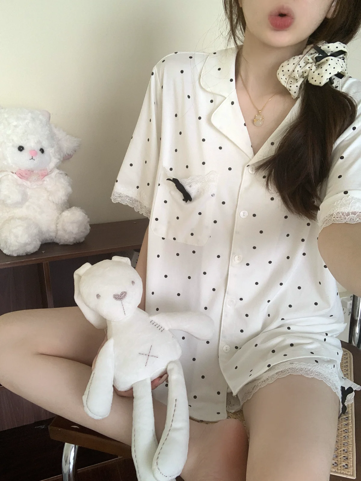 Summer New Japanese Style Girl Bow Simple Polka Dot Short Sleeve Pajamas Sweet Cute Comfortable Ins Home Wear Set