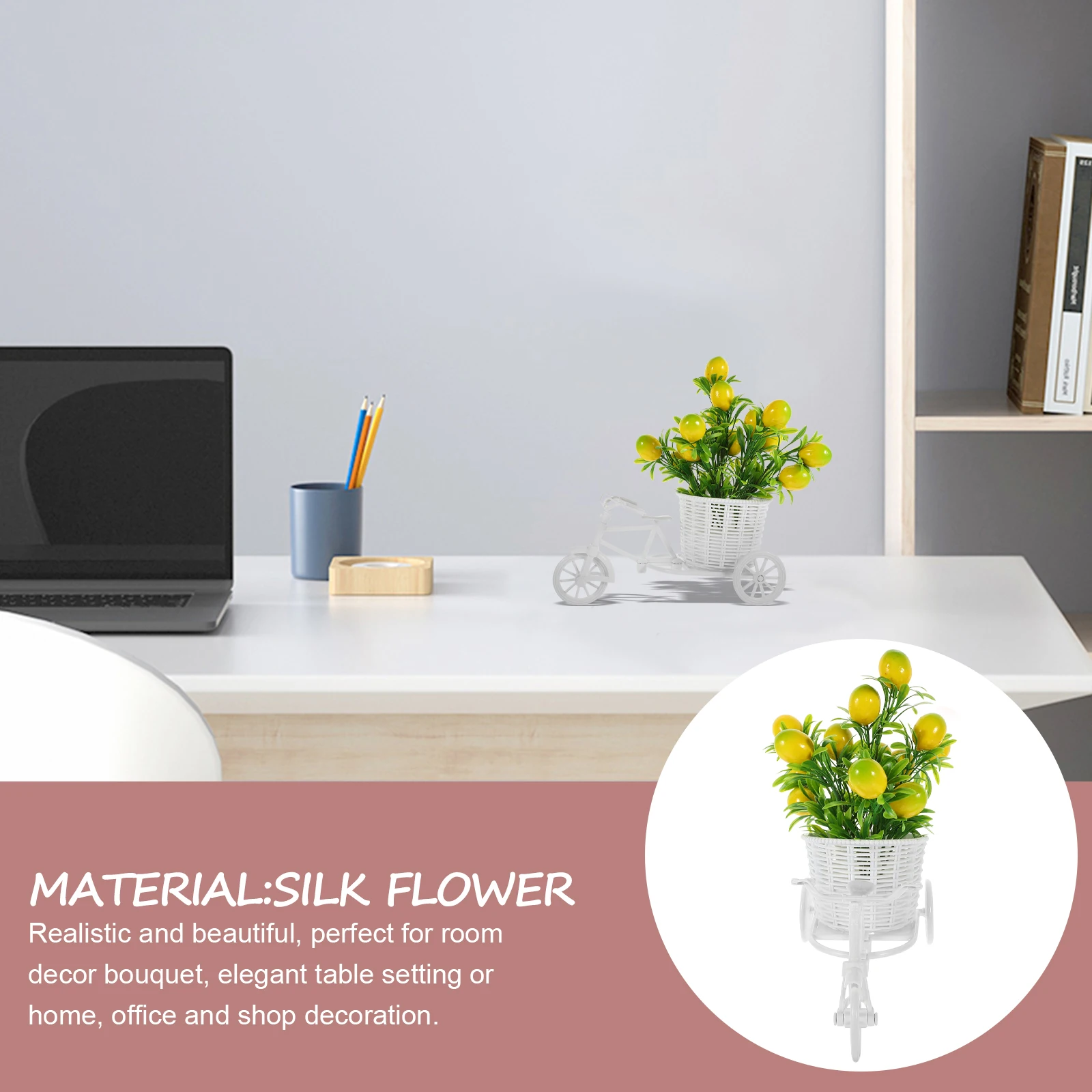 

Artificial Lemon Flower Bonsai Bicycle Basket Fake Flower Ornament for Wedding Home Office Party Floral Table Decorations