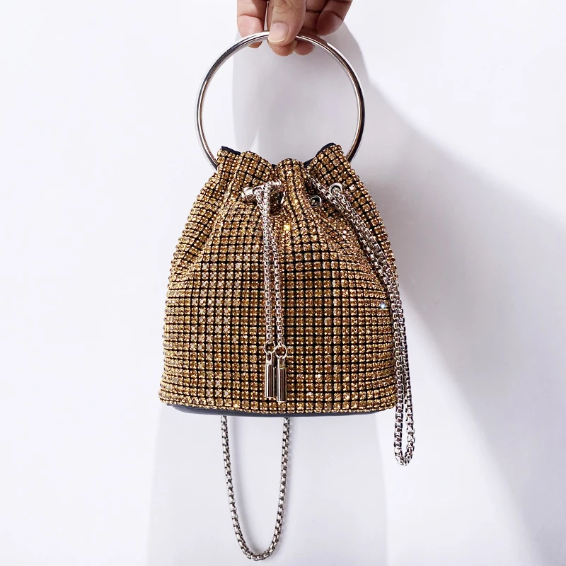 Mini Bucket Evening Bags For Women Luxury Designer Handbag Purses 2024 New In PC Shining Imitation Diamond Metal Handle Shoulder