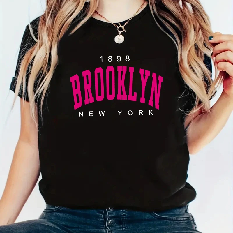 2024 New Summer Women T Shirt 1898 Brooklyn New York Print Short Sleeve T-Shirts Warm Casual Streetwear Hip Hop Y2k Clothes Tops