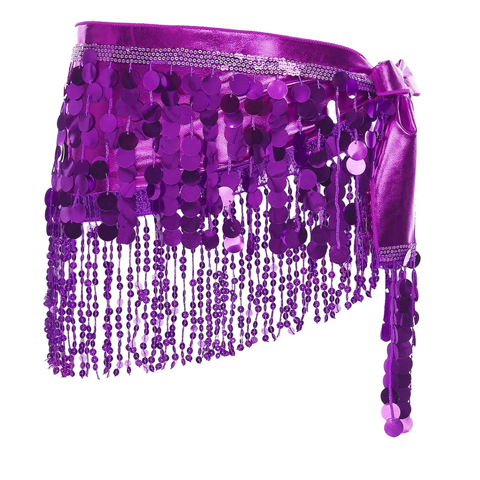 メタリック光沢のある女性用ベリーダンスヒップスカーフ、スパンコールタッセル付き、セルフタイイングラップスカート、ティアードフリンジウエストチェーン、ベリーダンスコスチューム