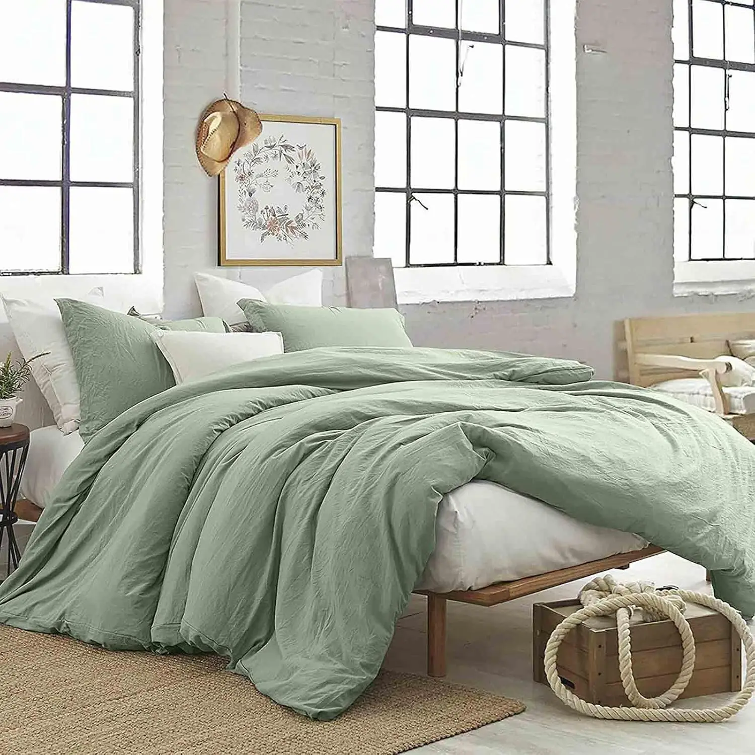 Sage Green Duvet Cover Queen Size 3 Pieces, Soft & Lightweight Light Green Quilt Cover Set - 1 Neutral Duvet Cover with Zipper