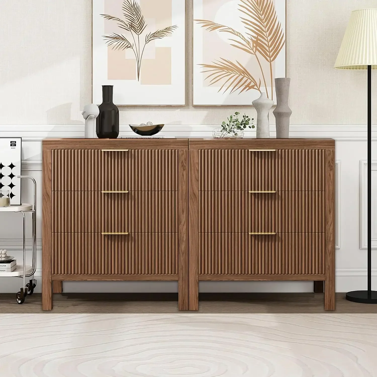 【期間限定セール！】 溝付きナイトスタンド2個セット、木製ファームハウスナイトスタンド、6つの引き出し付きベッドサイドテーブル