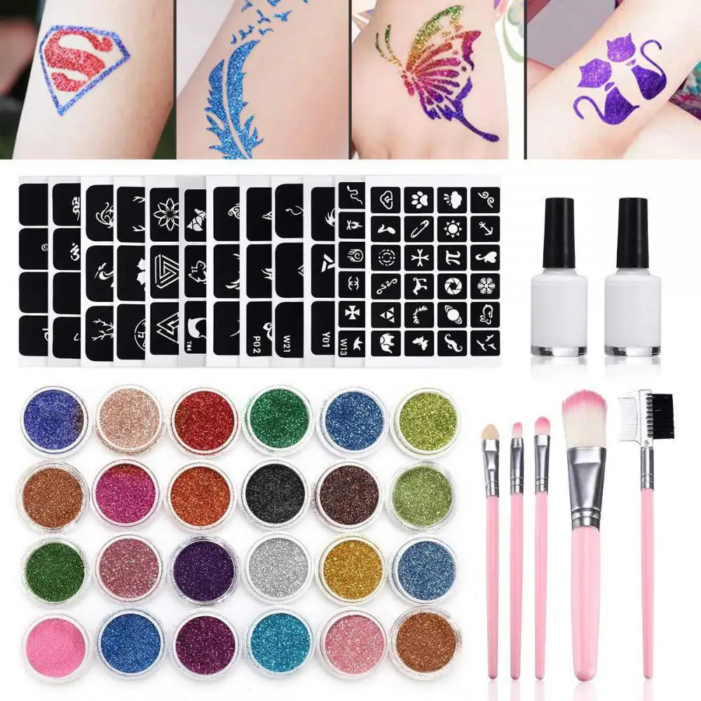 1/2/3PCS Semi-permanent Small Tattoo 24 Glitter Colors Stencil Brush Glue Painting Set Body Painting Art Temporary Tattoo DIY