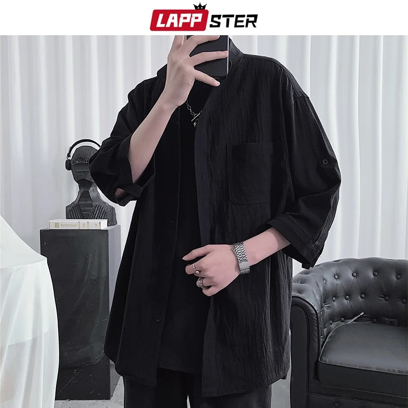 

LAPPSTER Black Cotton Korean Fashions Shirts & Blouses 2023 Summer Three Quarter Sleeve Vintage Shirt Men Button Japanese Shirts