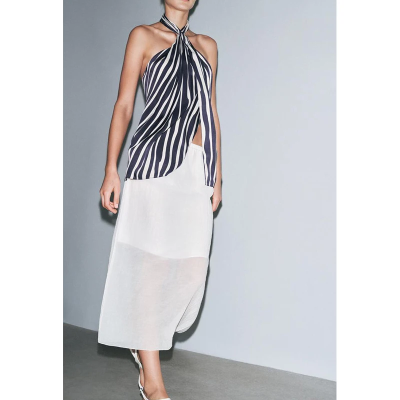 Spring Summer New Women's Midi Skirt Transparent White Rayon Blend High Waist Slit Long Straight Cut Stand Fit  Color