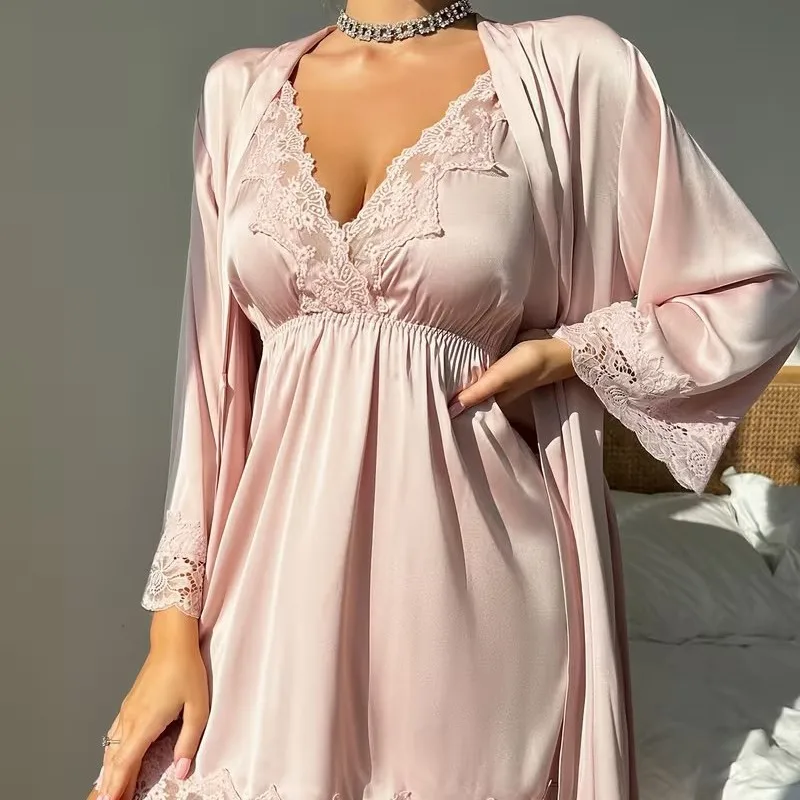 Wiosna lato damska szata koszula nocna bielizna nocna dwuczęściowy zestaw seksowna patchworkowa koronkowa koszula nocna Kimono szlafrok luźna odzież na co dzień w domu — zdjęcie 3
