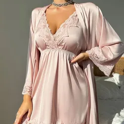 Spring Summer Women Robe Nightdress Sleepwear Two Piece Set Sexy Patchwork Lace Nightgown Kimono Bathrobe Loose Casual Home Wear