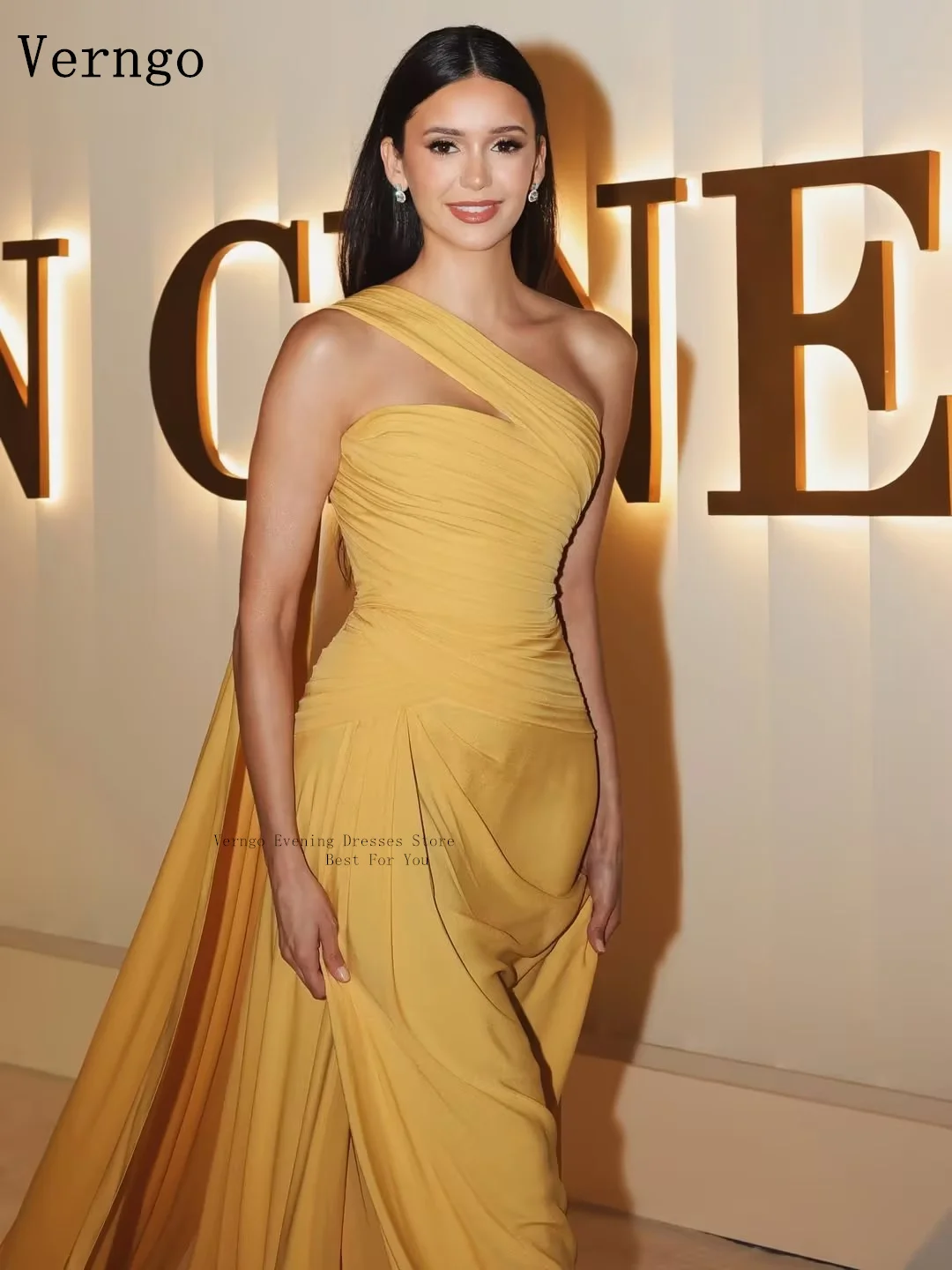 Verngo Yellow Crepe Evening Dress One Shoulder A Line Shawl Pleated Formal Dresses Arabian Prom Gown Customizedفساتين سه