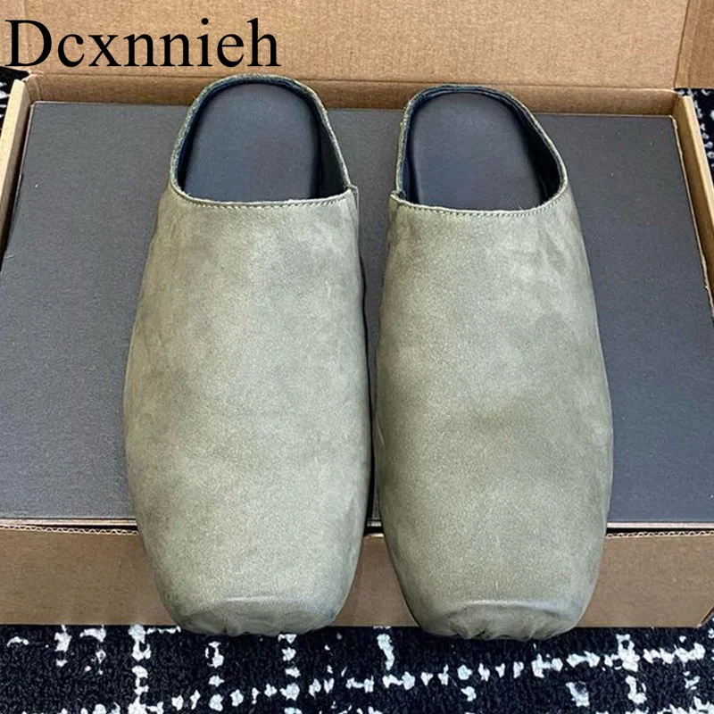 2024 Spring/Summer Vintage Genuine Leather Women's Flat Breathable Square toe Slippers Solid Color Comfortable Casual Shoes