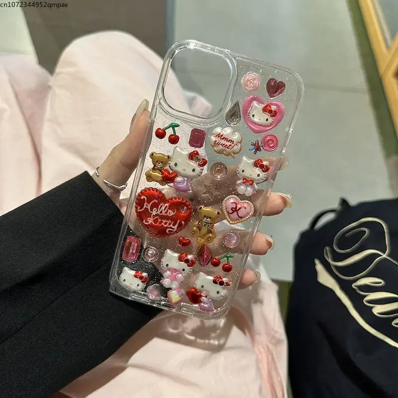 3D Sanrio Hello Kitty Sticker Glitter Phone Case for IPhone 16 11 12 13 14 15 Pro Max  Y2k Girl Anti-drop Soft Back Cover Gift image 5