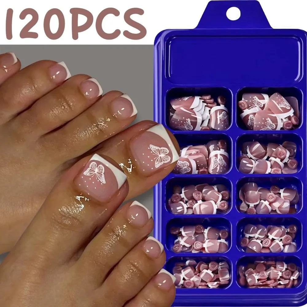 120Pcs/Box Nude Pink Short Square False Nails Butterfly Design Glossy Smooth Surface French Tip Fake Toe Nails Comfort Fit