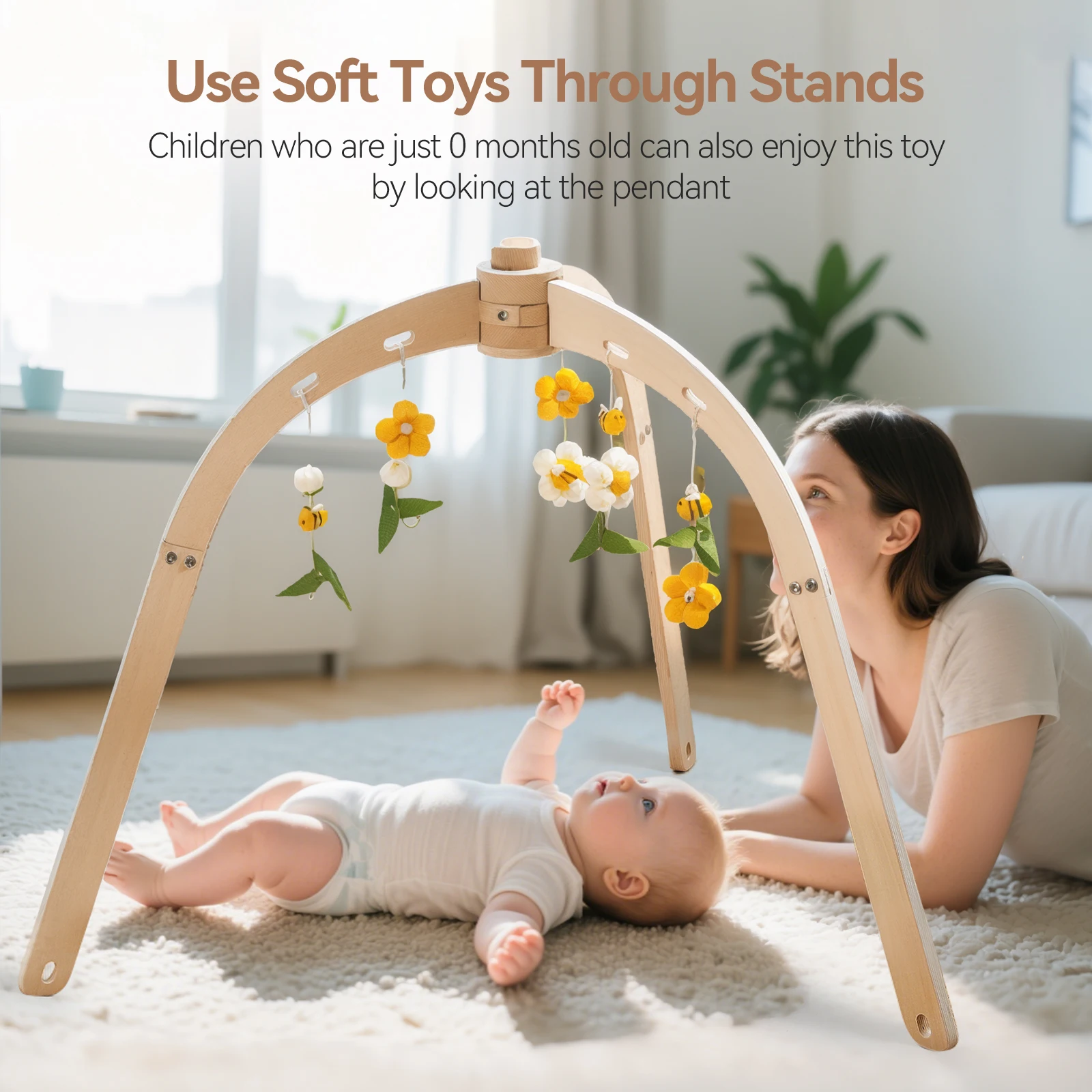 Wooden Baby Gym Frame Foldable Space Saving No Tools Assembly Lightweight 1130g Rounded Edges for Newborns