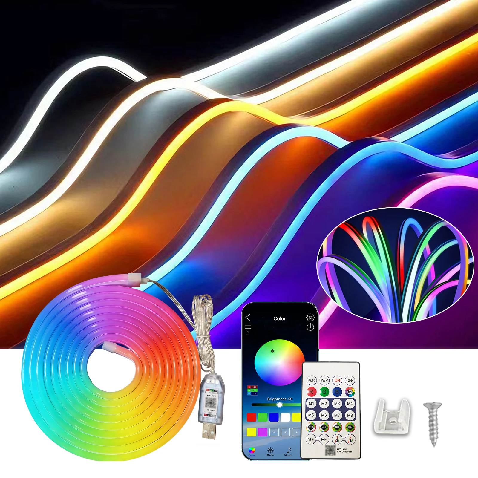 USB-RGBIC smart neon light strip, controllable via remote control and app. Suitable for home and holiday party ambient lighting