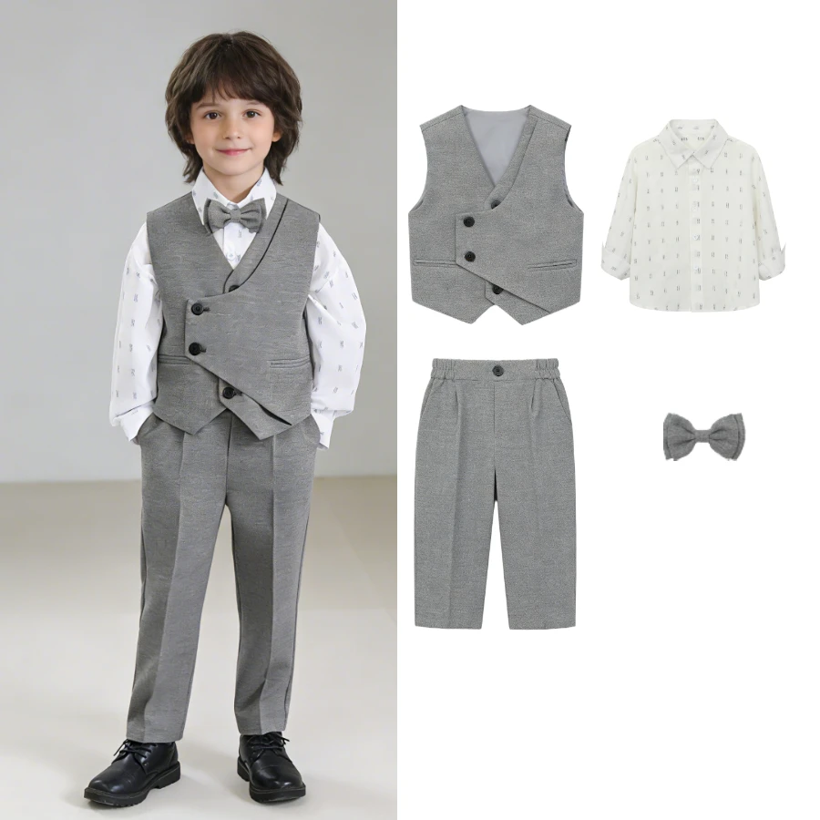 Boys Asymmetric Vest Suit Set 2-12 Years School Kids Gentleman Formal Outfit for Wedding Birthday Party Pageant Host Performance