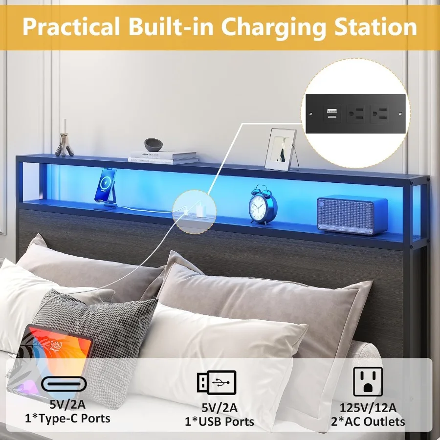 Queen Bed Frame with 2-Tier Storage Headboard Featuring 4 Storage Drawers Built-in Charging Station with LED Lighting Noise-Fre