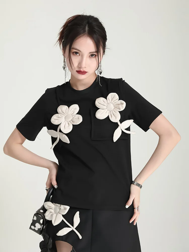 Vestido elegante oco solto com apliques florais 3D – fantasia de palco de manga curta para performance de dança clássica