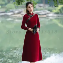 Autumn Winter Thickened Cheongsam Mom Ao Dai Improved Qipao Retro Red Wedding Dress Traditional Mandarin Collar 4XL Cheongsam