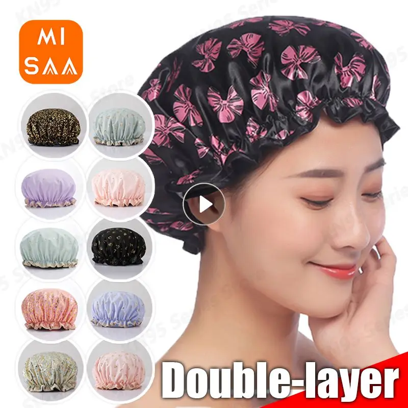 1PC Waterproof Shower Cap Double Layer Elastic Shower Hair Cover Women Supplies for Kitchen Bathroom Shampoo Caps Bathing Hat