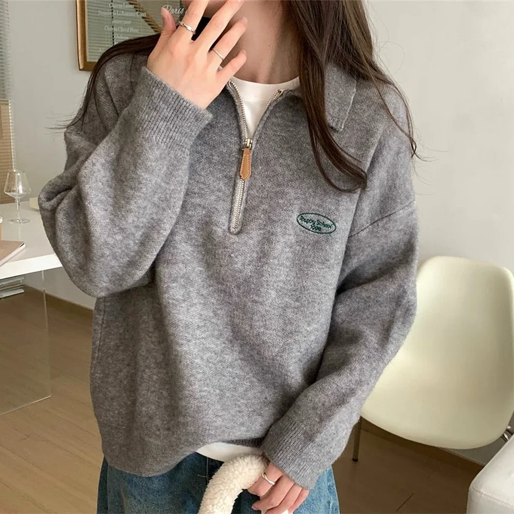 Half Zipper POLO Neck Sweaters Women Girls Vintage Preppy Sweatshirt Jumper Gray Khaki Loose Long Sleeve Pullover Korean Fashion