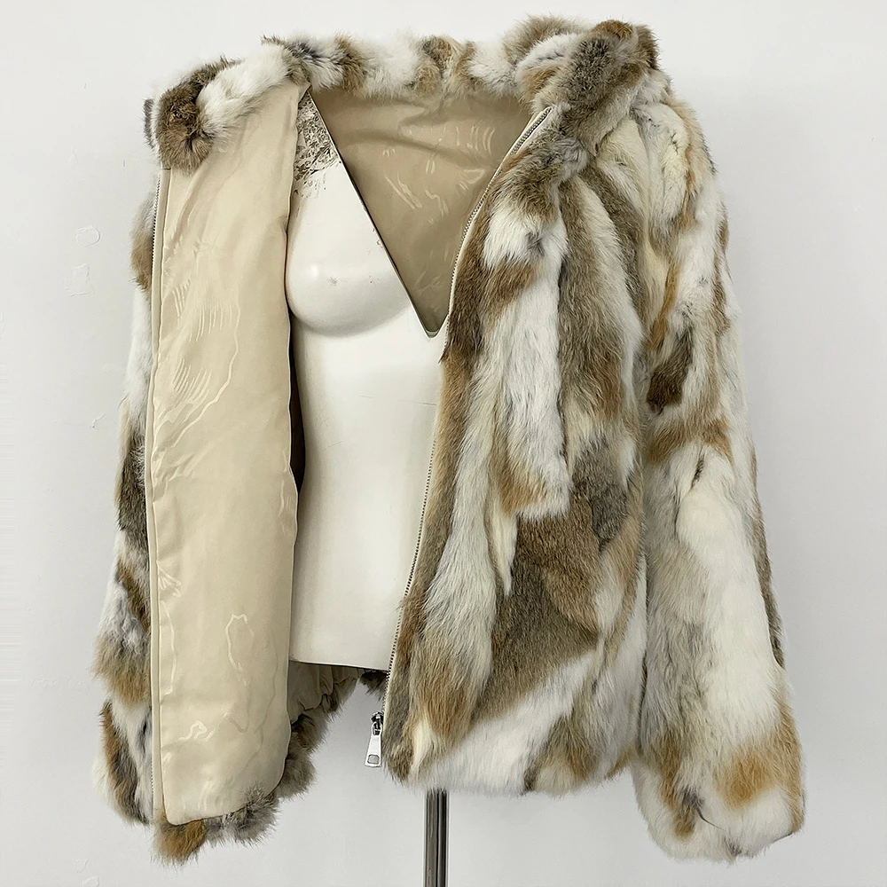 메니나 후드 지퍼 천연 토끼털 재킷 여성 신상 가을 겨울옷 여성용 두꺼운 따뜻한 리얼 퍼 코트