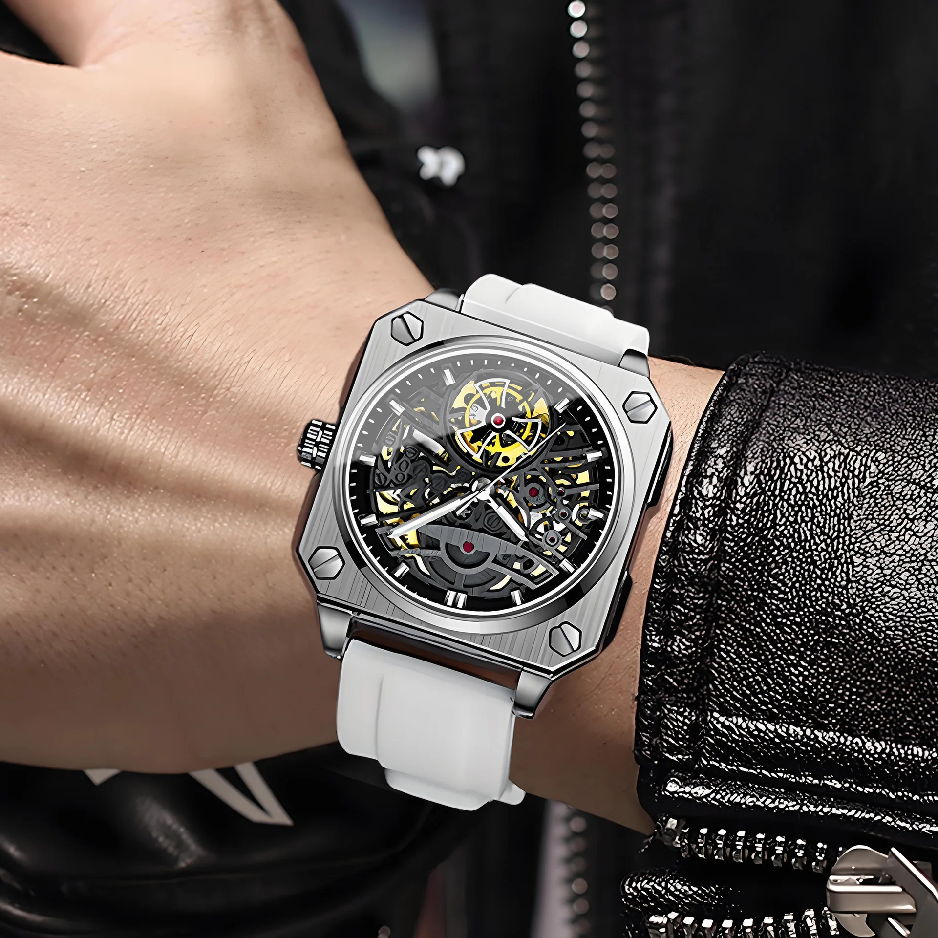 

AL-167 Квадратные мужские полностью автоматические механические часы с турбийоном, кристально прозрачные водонепроницаемые наручные часы, тренд