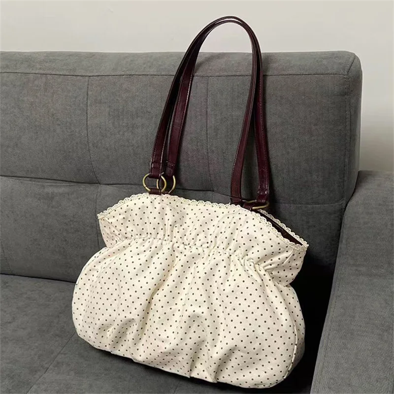 Women Vintage Polka Dot Bow Chic Large Capacity Colorblock Underarm Shoulder Tote Bag Daily Commuter