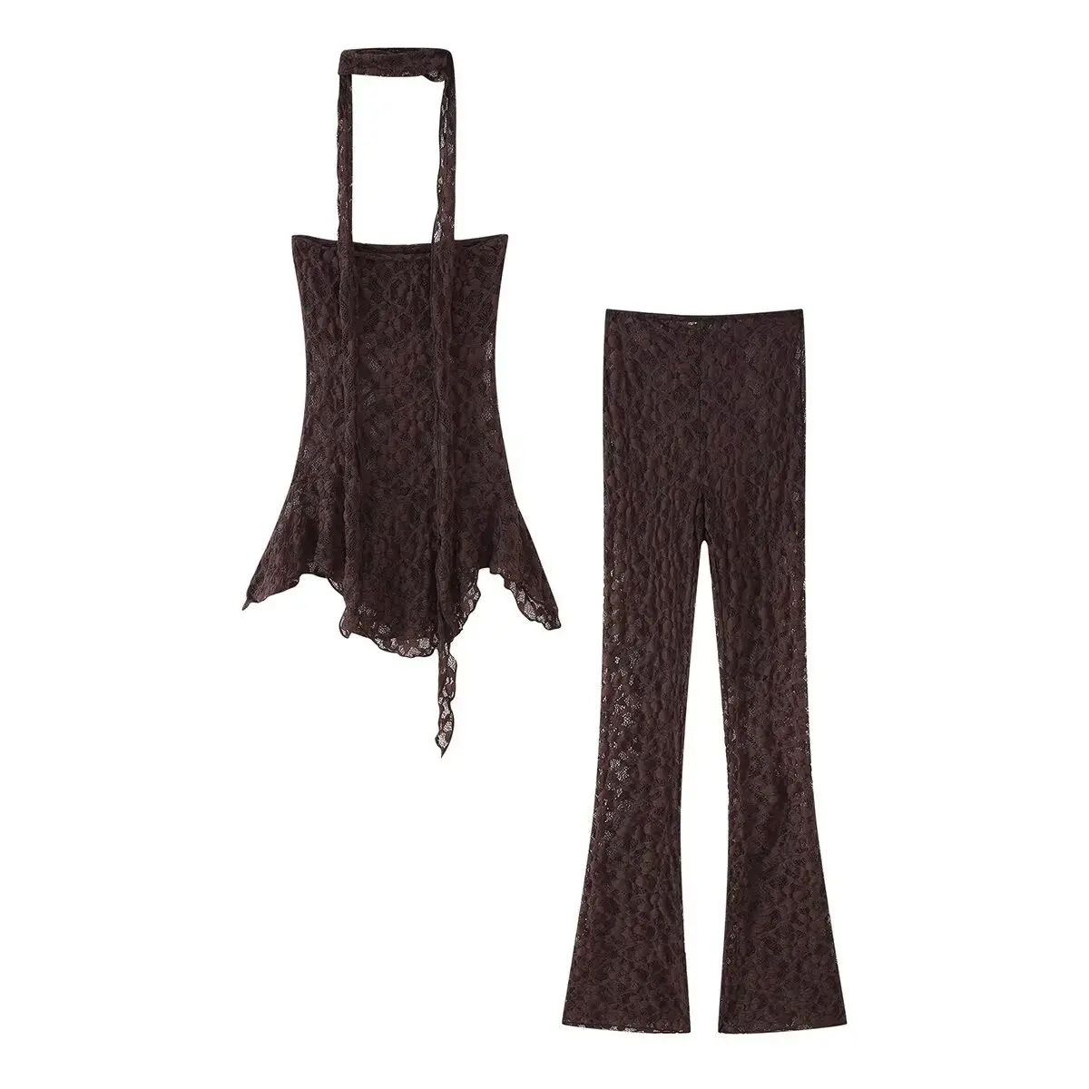 

Vintage Lace Two Piece Pant Set Women's Sexy Scarf Strapless Top Or Stretch Flared Pant Summer Fashion High Street Holiday Set