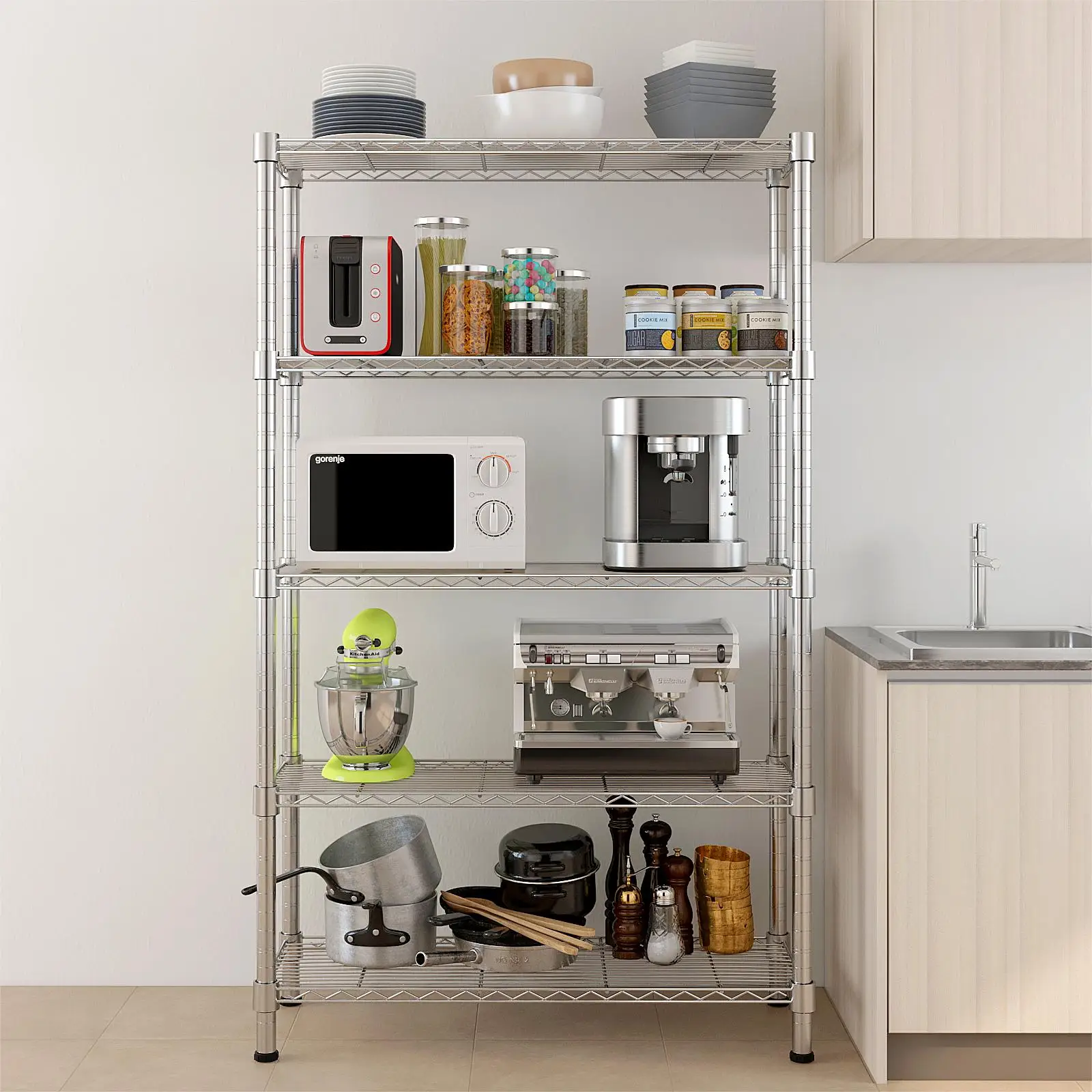 5‑Tier Adjustable Metal Wire Shelving Unit, Freestanding Heavy‑Duty Utility Storage Rack, Multi‑Layer Organizer Shelf for Kitchen Pantry Garage Living Room