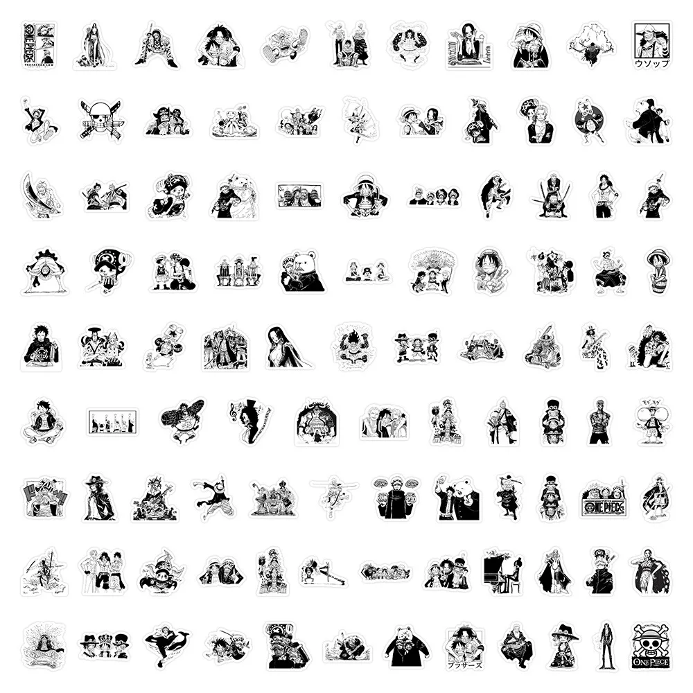 100pcs Cartoon Black and White One Piece Sticker For Kid Toy Luggage Laptop Computer Waterproof Stickers DIY Decoration Supplies