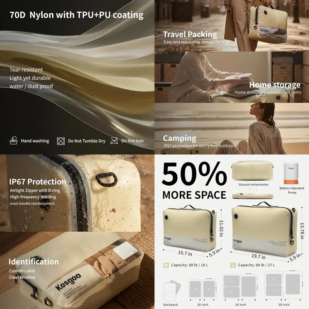 

Дорожные вакуумные компрессионные мешки с насосом, многоразовые для багажа, водонепроницаемые, с широким отверстием, прозрачные (2 упаковки бежевого цвета)