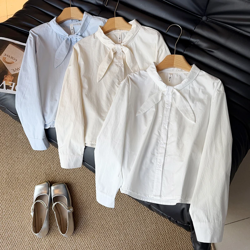 

Spring 2026 New Style Women's Long Sleeve Shirt Three Colors Knot Gentle Style Loose Fit Versatile Layering Top