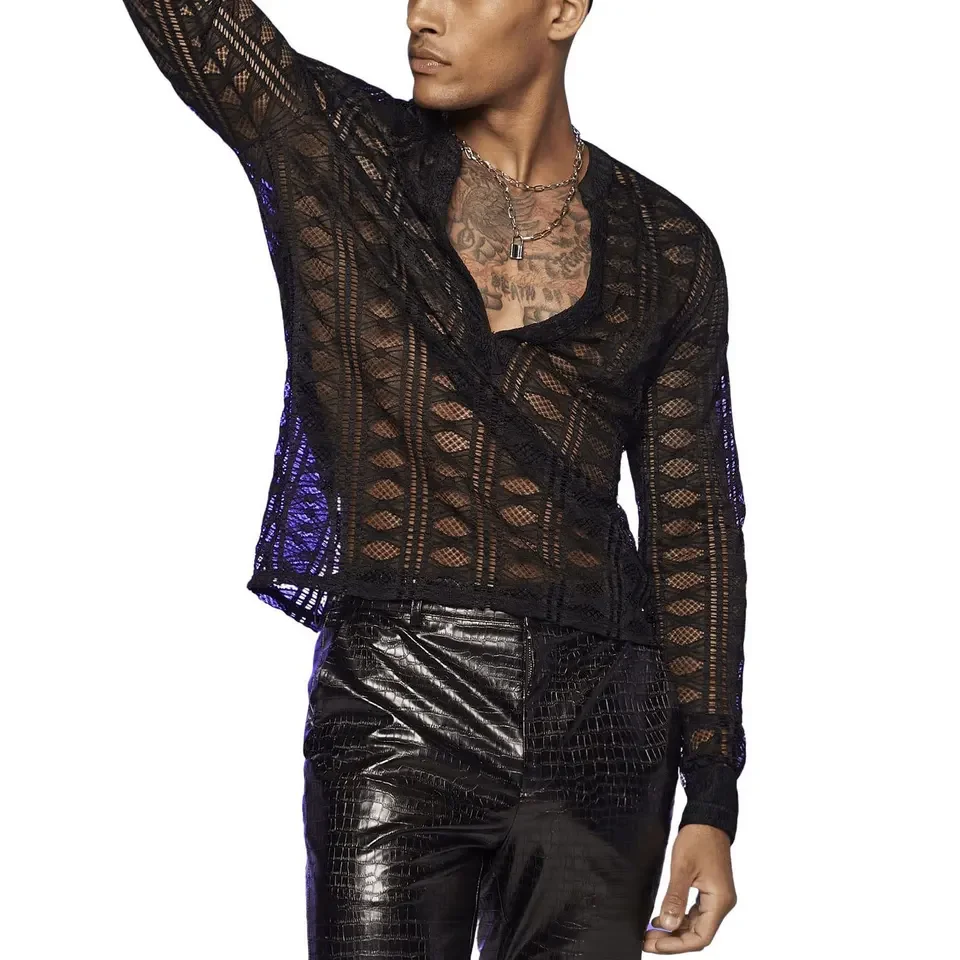 Autumn New Men's V-Neck Lace Long Sleeve T-Shirt Perspective Grid Elastic Shirt Bottom Shirt